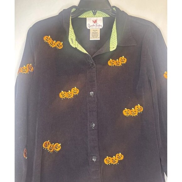 VTG Quacker Factory Black Corduroy Embroidered Pumpkin Halloween Shirt Blouse M - Picture 6 of 10